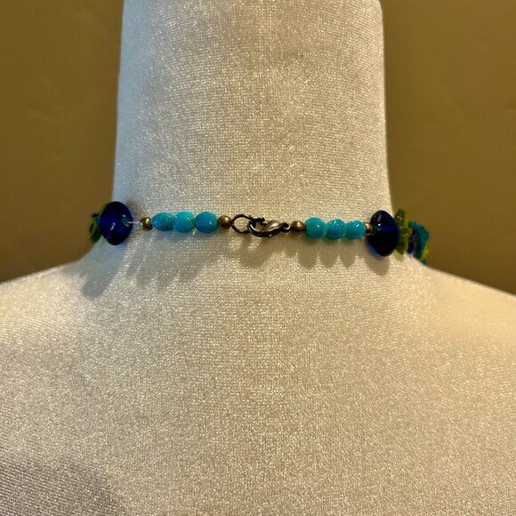 Boho Style Multi-strand Beaded Necklace Large Jeweled Metal Pendant Blue Green - Picture 6 of 9